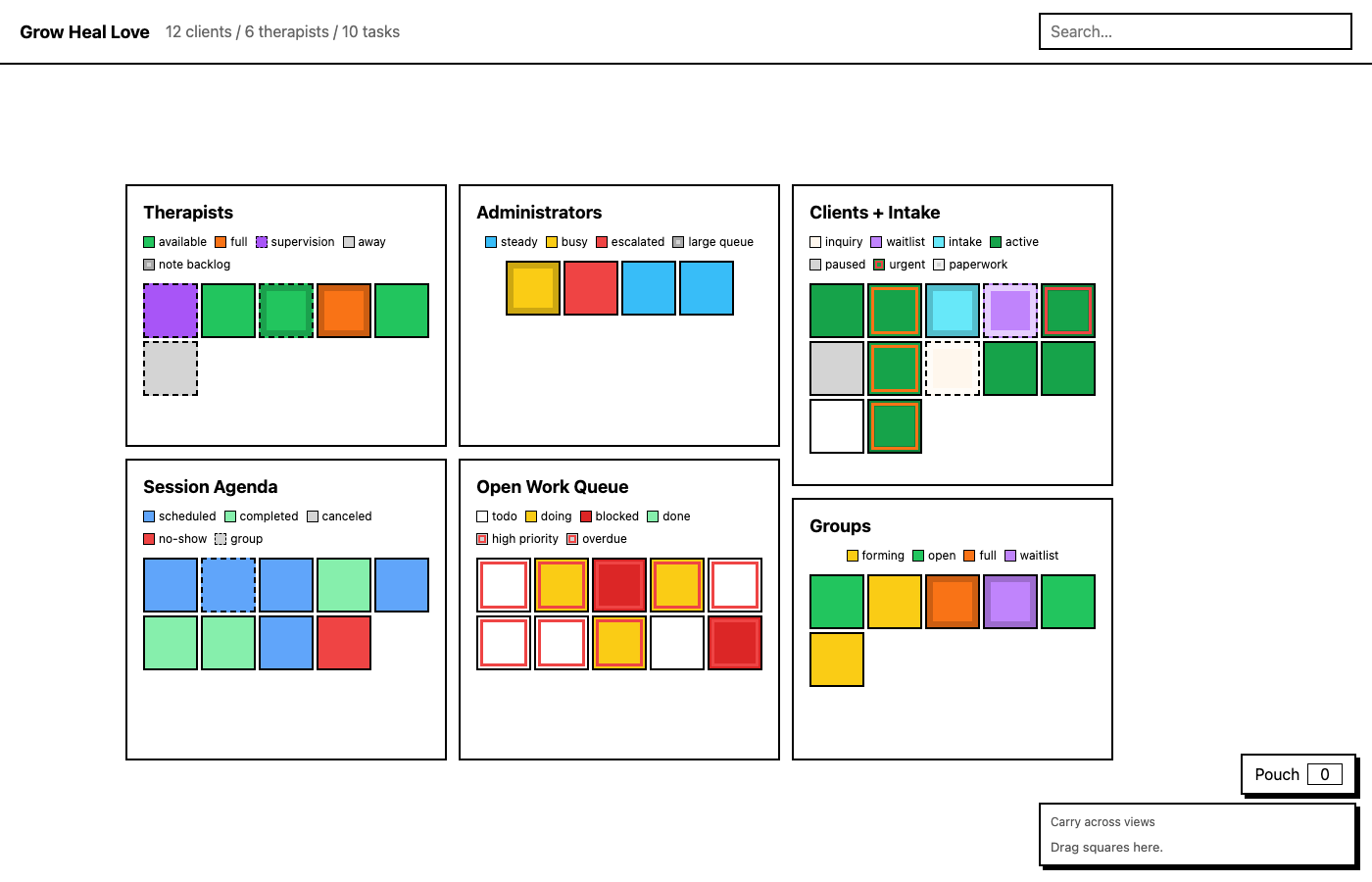Grow Heal Love practice explorer showing therapists, administrators, clients, sessions, work queues, and groups as stateful square grids.