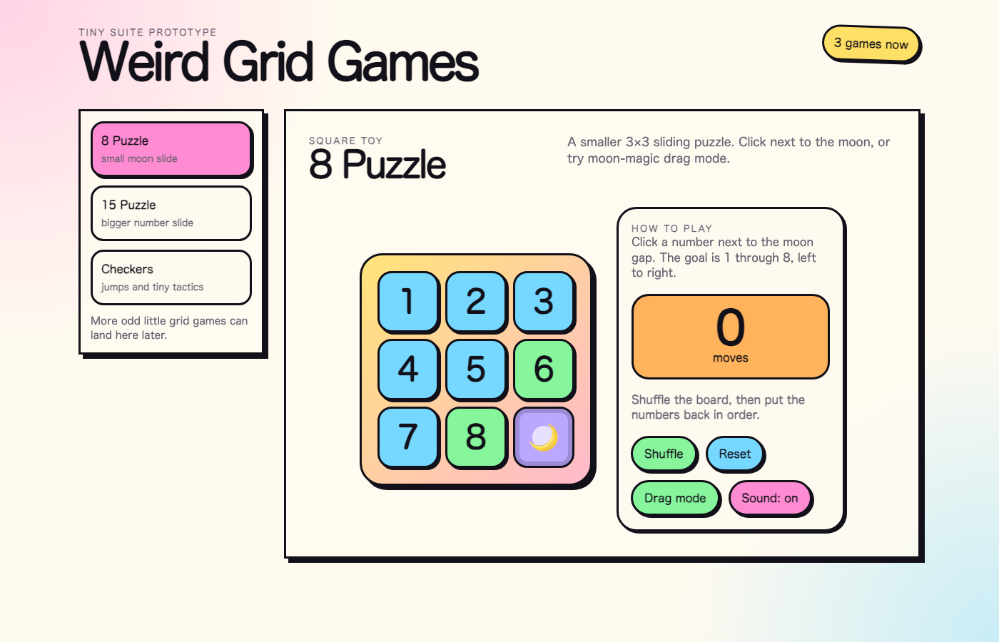 Weird Grid Games showing the 8 Puzzle board with colorful square tiles and small game controls.